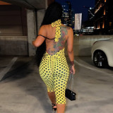 Women Spring Summer Backless Sexy Halter Neck Belted Polka Dot Printed 3/4 Length Jumpsuit