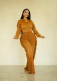 Women Casual Long Sleeve Zipper Top and Wide-Leg Pants Two-Piece Set