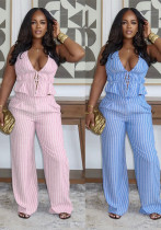 Women Elegant Halter Neck Belted Backless Top and Pant Two-Piece Set