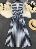 Women Black and White Striped Sleeveless V-Neck Belted Dress
