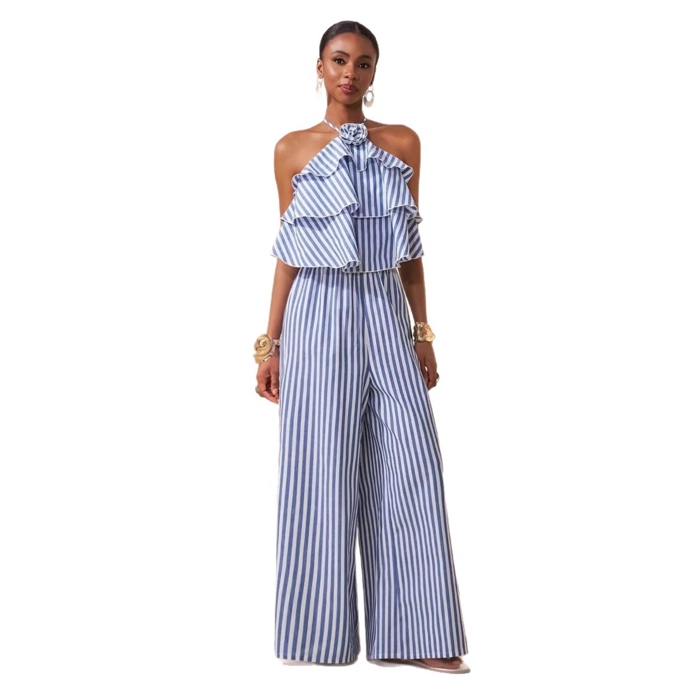 Belted Halter Backless Striped Jumpsuit for Elegant Outings