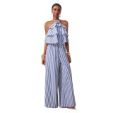 Women Elegant Belted Halter Neck Backless Striped Jumpsuit
