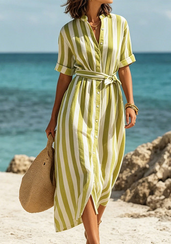 Women Summer French Striped Belted Maxi Holidays Split Dress