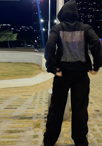 Women Black Hoodies Mesh Patchwork Casual Pant Two-Piece Set