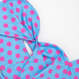Women Polka Dot Printed Halter Neck Sash Backless 3/4 Length Jumpsuit