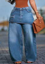 Women American Style Fake Two-Piece Denim Wide-Leg Pant Women American Style Fake Two-Piece Denim Wide-Leg Pant