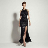 Women Sequin Split Fringe Shoulder Chain Formal Party Evening Gown
