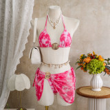 Women Sexy Tie-Dye Mesh Holidays Halter Neck Lace-Up Bikini Three-Piece Swimwear