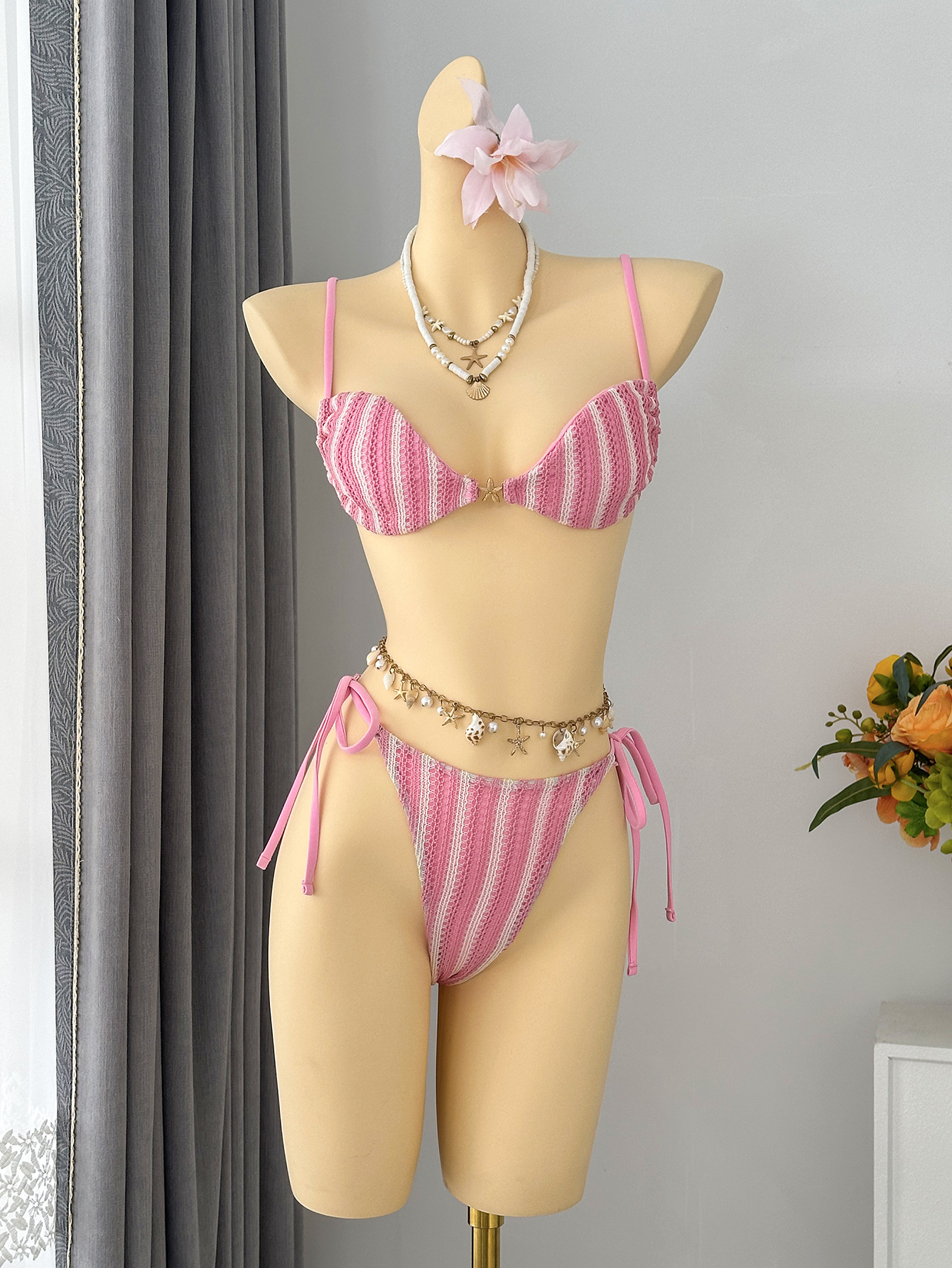 Striped Halter Belted Strapless Two-Piece Bikini for Summer