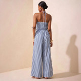 Women Elegant Belted Halter Neck Backless Striped Jumpsuit