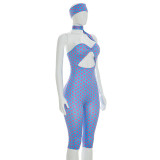 Women Polka Dot Printed Halter Neck Sash Backless 3/4 Length Jumpsuit