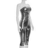Women Spring Summer Shiny Strapless Top and 3/4 Length Pants Two-Piece Set