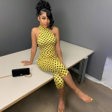 Women Spring Summer Backless Sexy Halter Neck Belted Polka Dot Printed 3/4 Length Jumpsuit