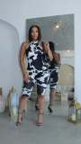 Women Cow Print Halter Neck Sleeveless Knee-Length Jumpsuit
