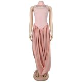 Women Sexy Solid Color Split Sash Dress Two-Piece Set