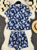 Women Beach Holidays Printed Short Sleeve Shirt and Shorts Two-Piece Set