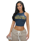 Women Summer Letter Rubber Print Ribbed Sleeveless Top