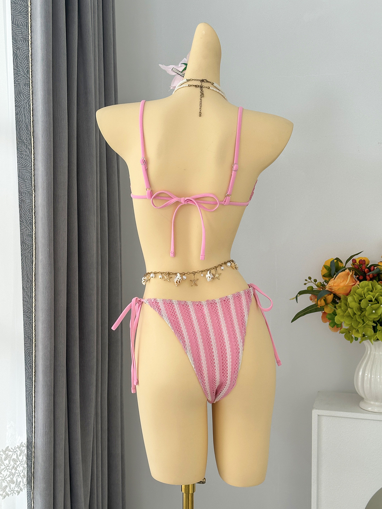 Striped Halter Belted Strapless Two-Piece Bikini for Summer