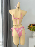 Women Sexy Striped Halter Neck Belted Beach Holidays Strapless Two-Piece Swimwear