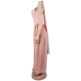 Women Sexy Solid Color Split Sash Dress Two-Piece Set