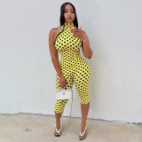 Women Spring Summer Backless Sexy Halter Neck Belted Polka Dot Printed 3/4 Length Jumpsuit