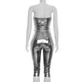 Women Spring Summer Shiny Strapless Top and 3/4 Length Pants Two-Piece Set