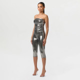 Women Spring Summer Shiny Strapless Top and 3/4 Length Pants Two-Piece Set