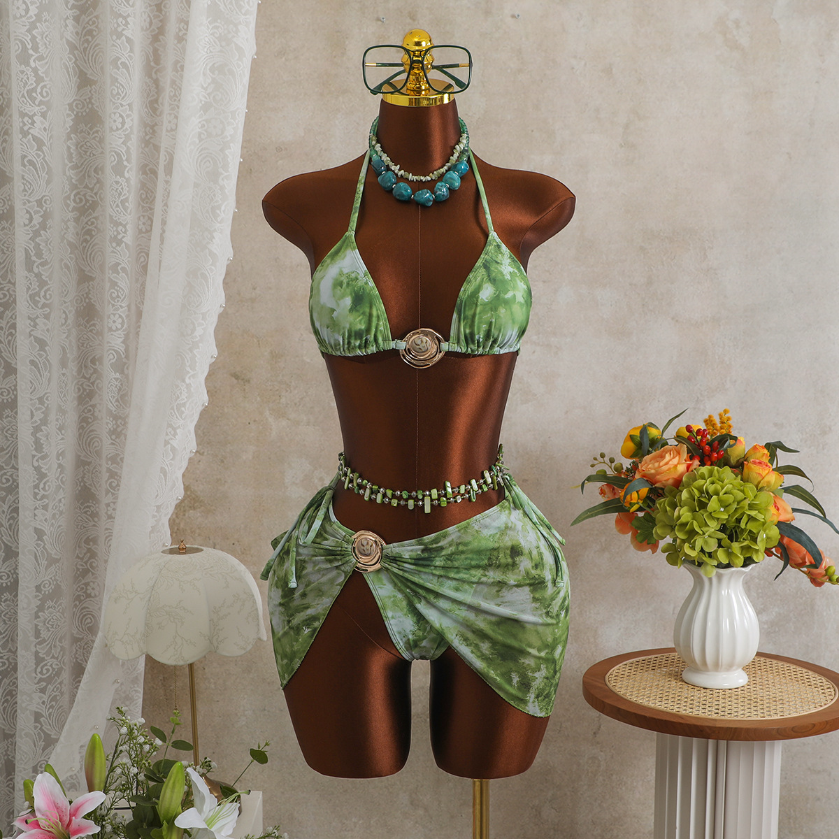 Tie-Dye Mesh Halter Lace-Up Three-Piece Bikini for Holidays