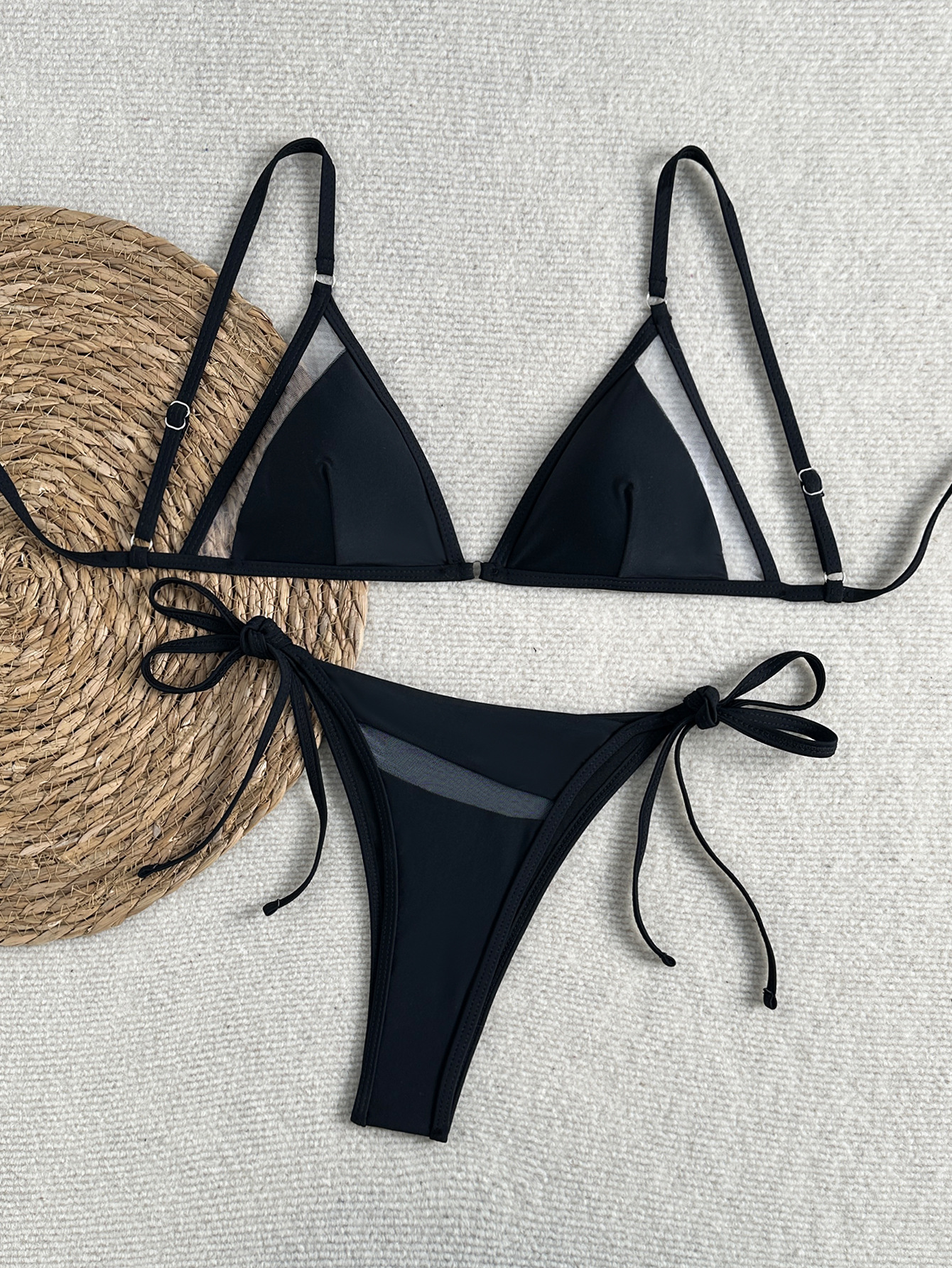 Solid Cut-Out Mesh Belted Drawstring Two-Piece Swimwear