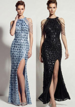 Women Sequin Split Fringe Shoulder Chain Formal Party Evening Gown Women Sequin Split Fringe Shoulder Chain Formal Party Evening Gown