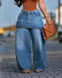 Women American Style Fake Two-Piece Denim Wide-Leg Pant