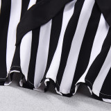 Women Black and White Striped Short Sleeve V-Neck Belted Top