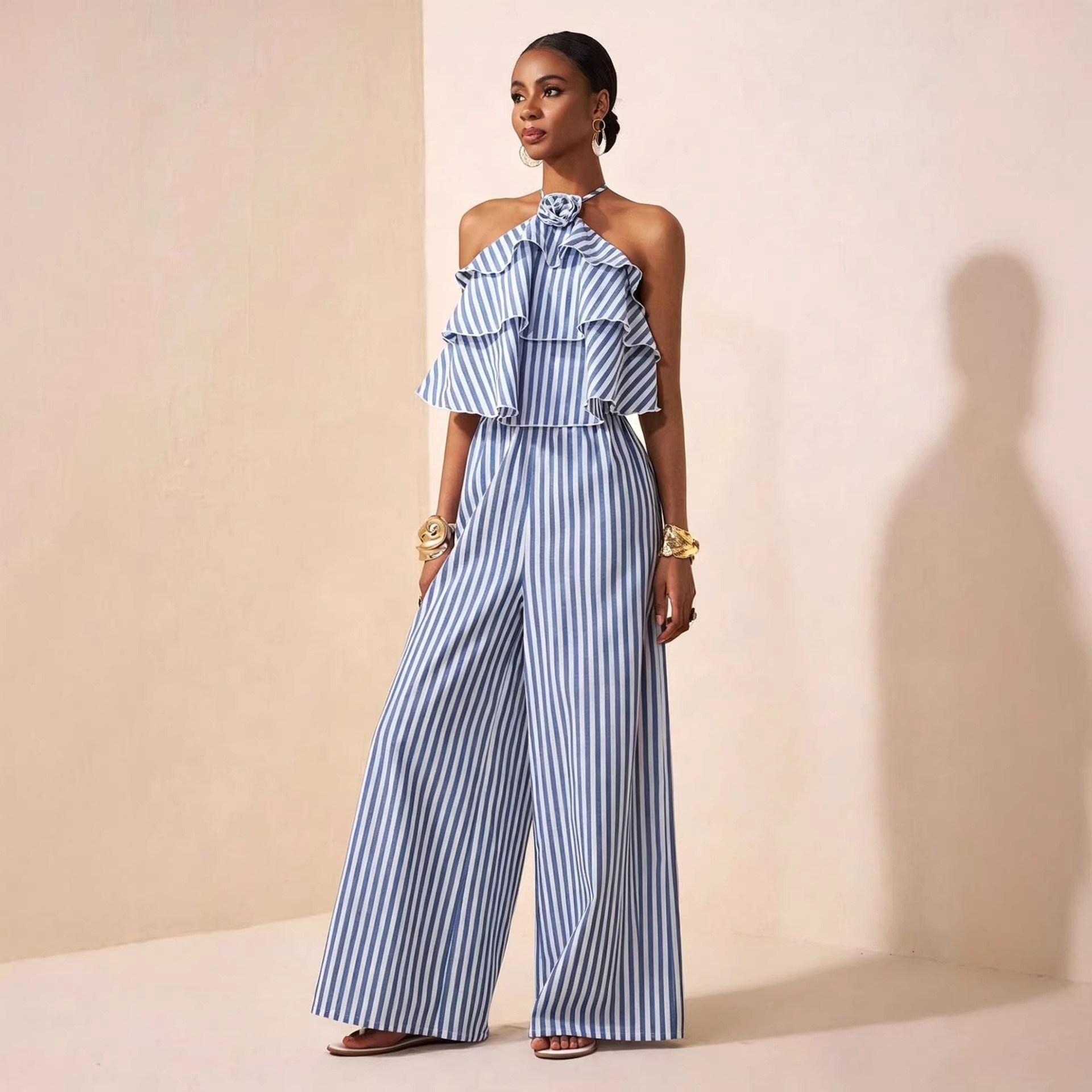 Belted Halter Backless Striped Jumpsuit for Elegant Outings