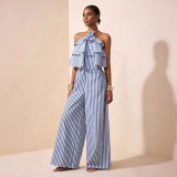Women Elegant Belted Halter Neck Backless Striped Jumpsuit