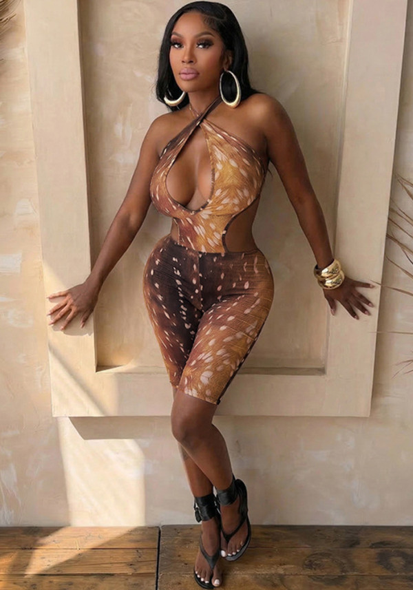 Women Spring Summer Printed Halter Neck Lace Up Backless Jumpsuit