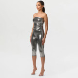 Women Spring Summer Shiny Strapless Top and 3/4 Length Pants Two-Piece Set
