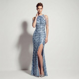 Women Sequin Split Fringe Shoulder Chain Formal Party Evening Gown