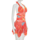 Women Summer Casual Printed Sleeveless Halter Neck Lace Up Ruffled Dress