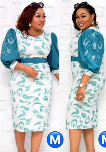 Plus Size Women African Round Neck Lantern Sleeve Printed Elegant Dress