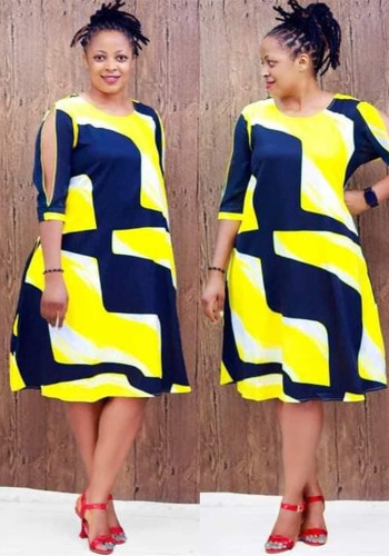 Plus Size Women African Round Neck Half-Sleeve Casual Pocket Dress