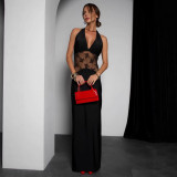 Women Summer Elegant Black Sexy Backless Lace Patchwork Halter Neck Sleeveless Dress