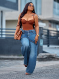 Women American Style Fake Two-Piece Denim Wide-Leg Pant