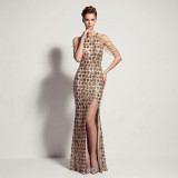 Women Sequin Split Fringe Shoulder Chain Formal Party Evening Gown