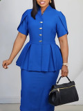 Women Short Sleeve Elegant Ruffled Split Color Bodycon Dress