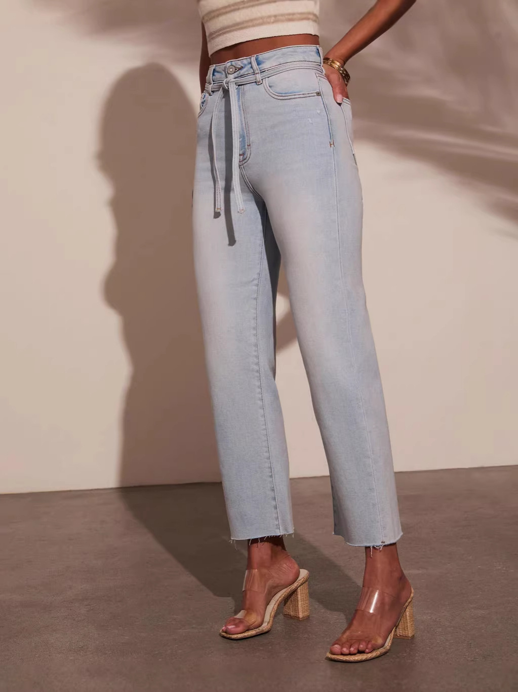 Lace-Up Washed Denim Pants for Casual Streetwear