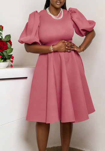 Women Elegant Round Neck Puff Sleeve Dress