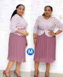 Plus Size Women African Mom Outfit Polka Dot Top and Ruched Midi Skirt Two-Piece Set