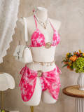 Women Sexy Tie-Dye Mesh Holidays Halter Neck Lace-Up Bikini Three-Piece Swimwear