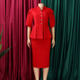 Women Short Sleeve Elegant Ruffled Split Color Bodycon Dress