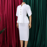 Women Short Sleeve Elegant Ruffled Split Color Bodycon Dress